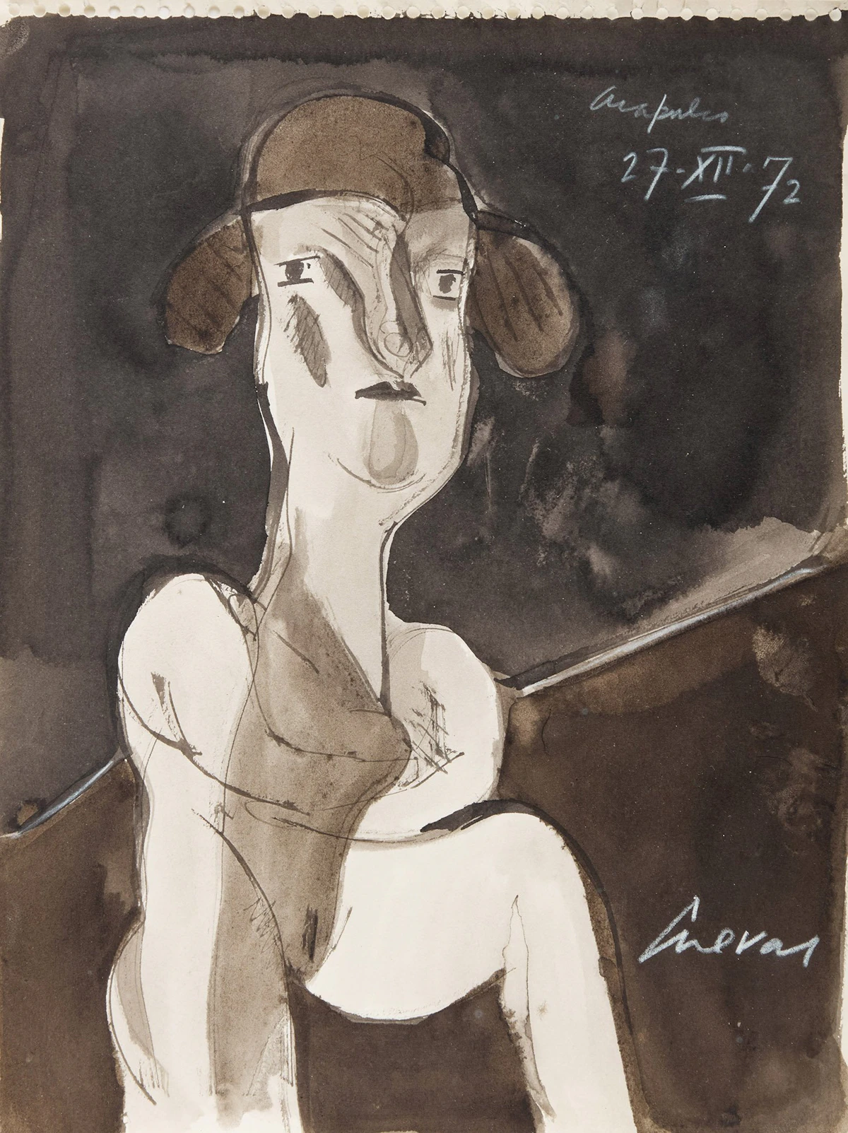 José Luis Cuevas, Two Studies: Prostituta de Acapulco II and Autorretrato con la pintura Rosa Raymond, two mixed media works - view 4