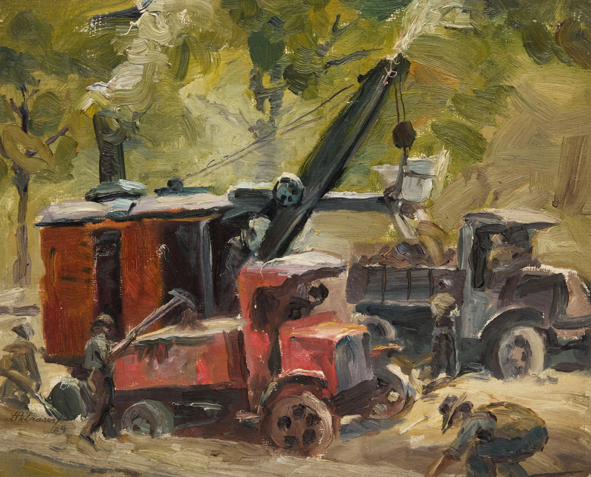 Frederick Alexander Fraser, Untitled (Steam Shovel and Truck, Toronto), oil on board