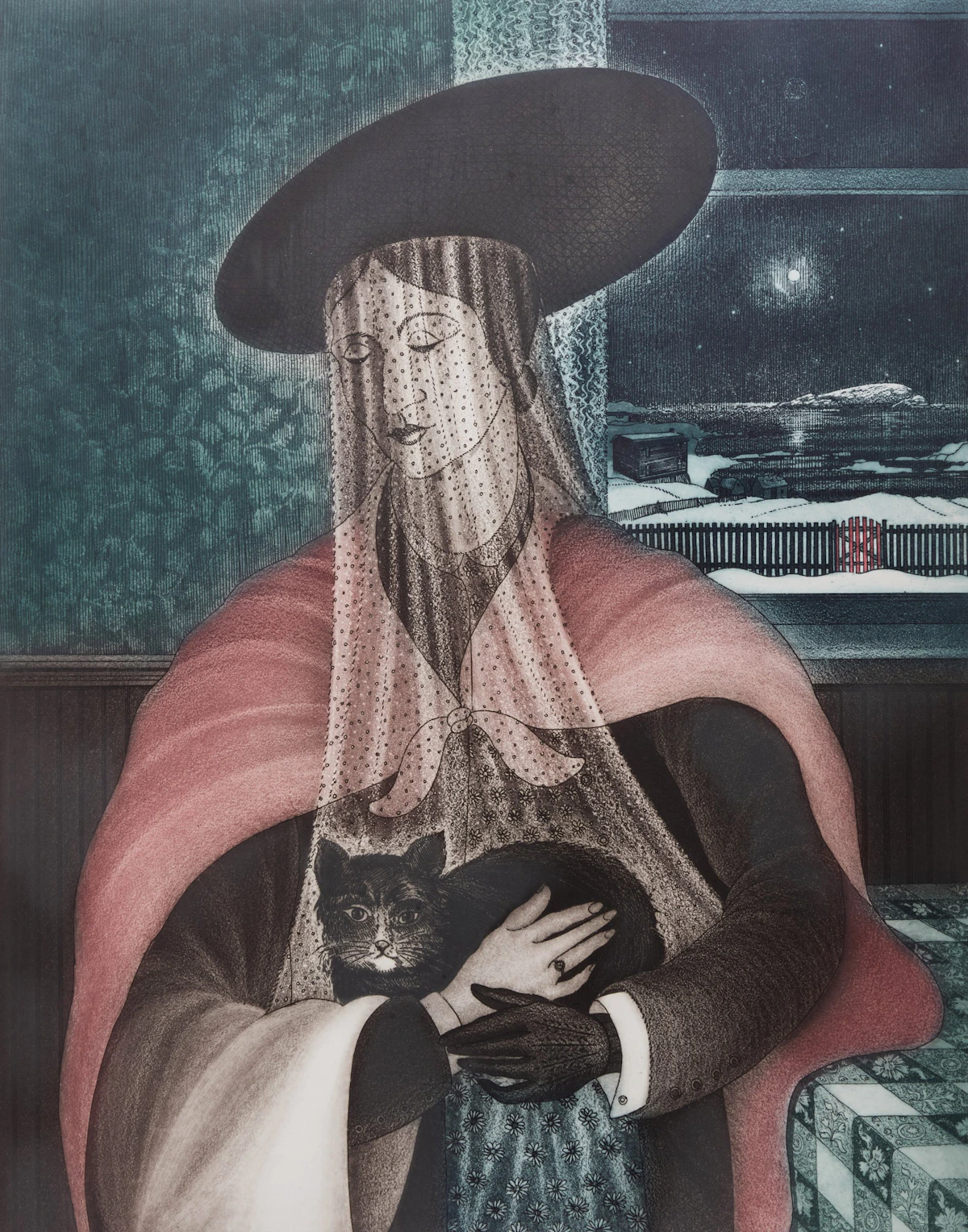 David Lloyd Blackwood, Lone Mummer with Cat, etching and aquatint