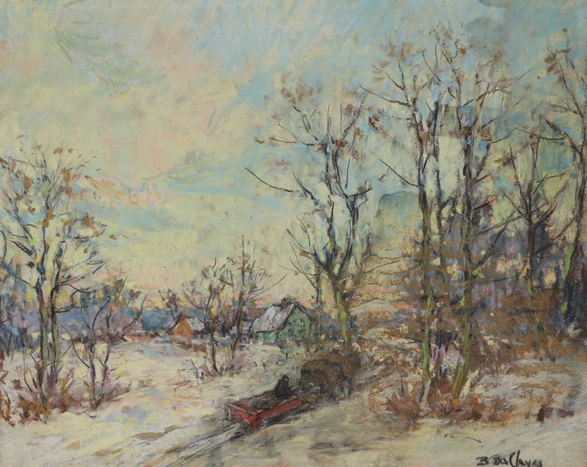Berthe Des Clayes, Winter Landscape with Horse Drawn Sleigh, pastel