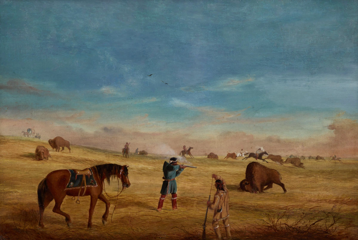 William Armstrong, Indians Hunting Buffalo, oil on canvas