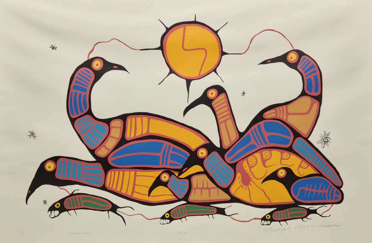 Norval Morrisseau, My Son Peter; Seven Loons; Ojibway Headdress, three colour serigraphs - view 4