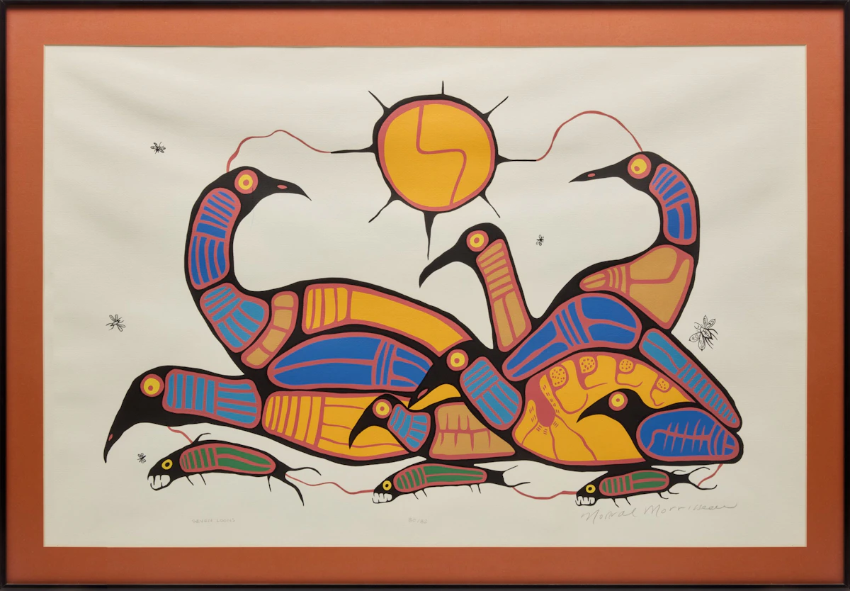 Norval Morrisseau, My Son Peter; Seven Loons; Ojibway Headdress, three colour serigraphs - view 5
