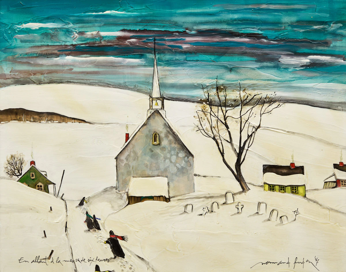 Normand Hudon, En allant à la messe de six heures, oil on board