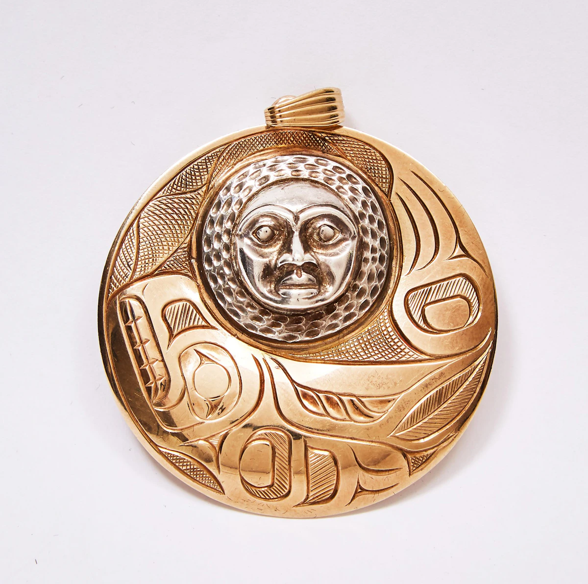 Joseph Franklin Jack, Moon/Seal Pendant; Moon Earrings, 14 karat gold and silver pendant  and 14 karat gold and silver earrings