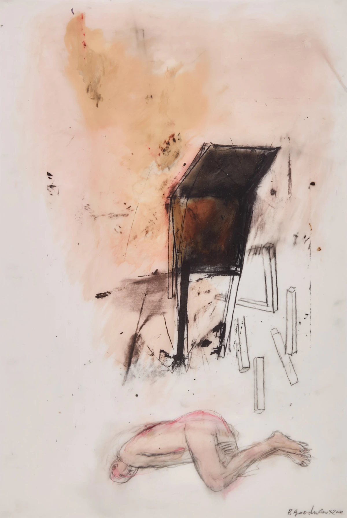 Betty Roodish Goodwin, Chair and Figure, oil stick, graphite and photocopy on mylar