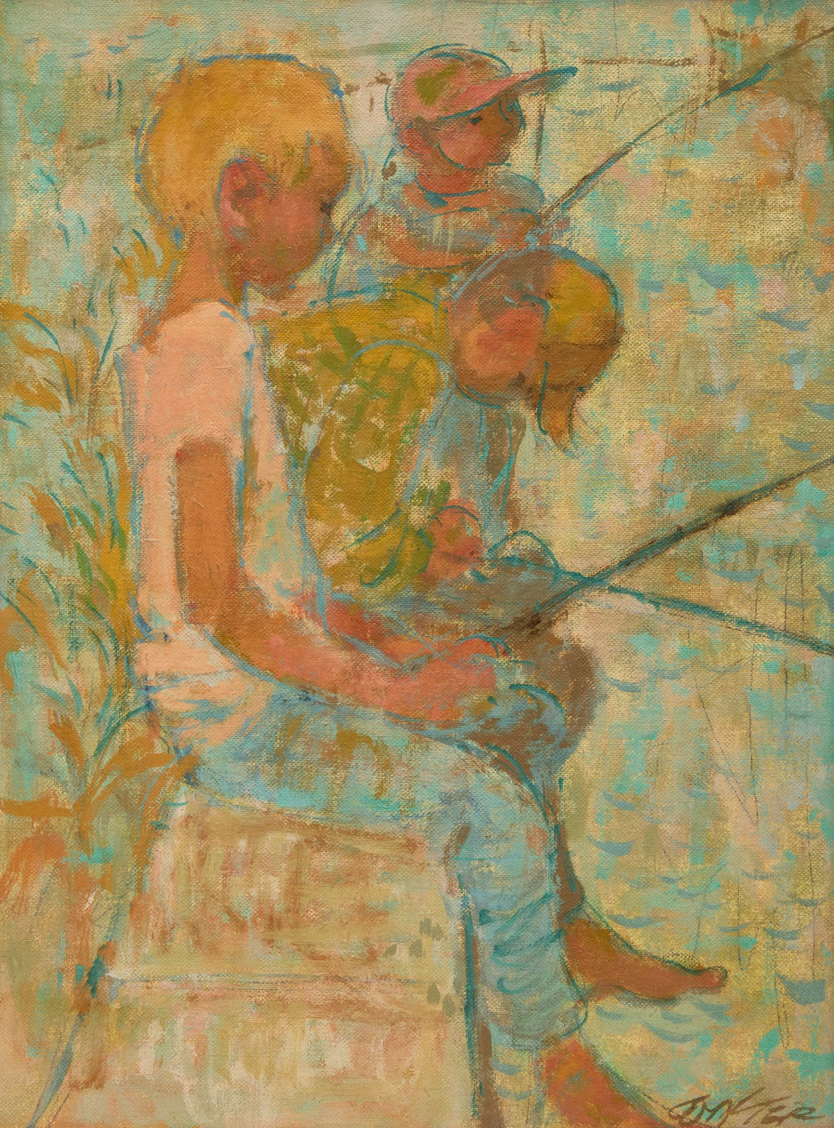 William Arthur Winter, Boys Fishing, oil on canvas board