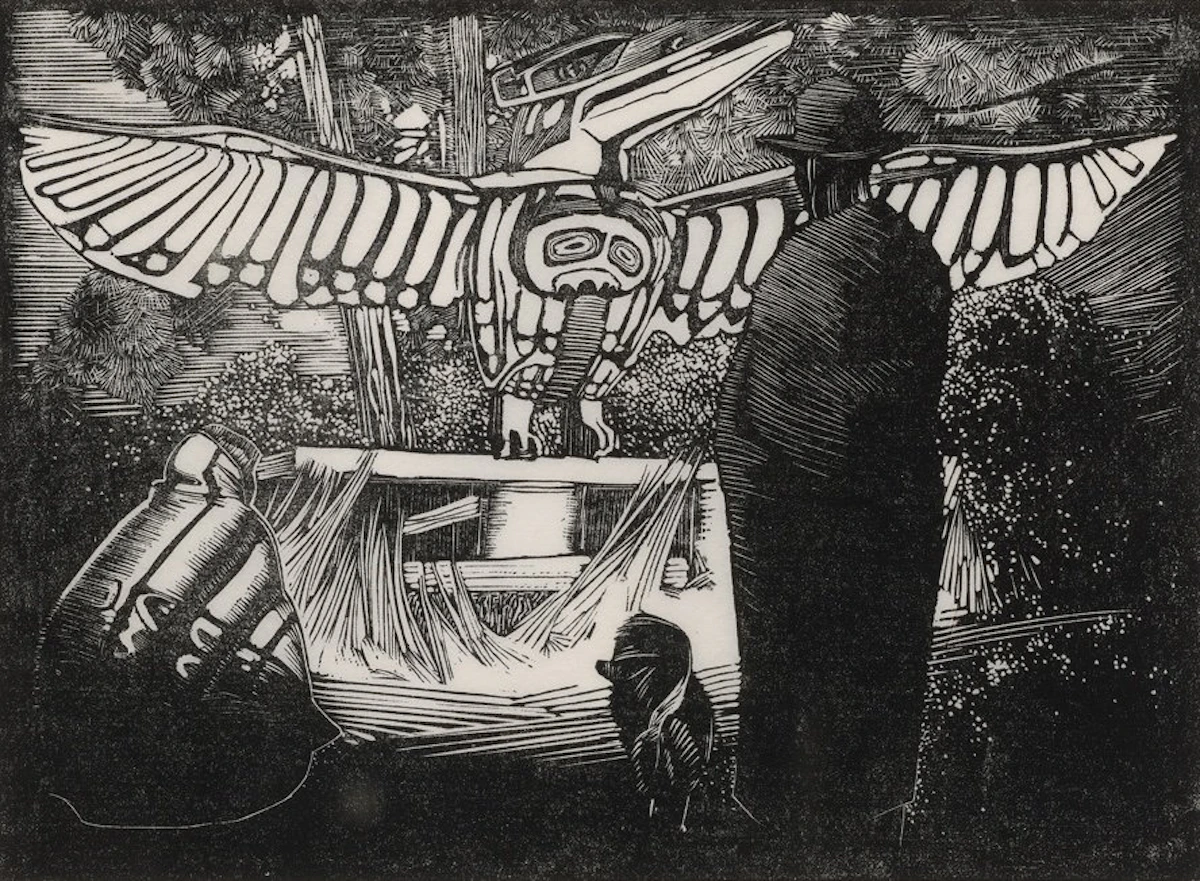 Walter Joseph Phillips, Thunderbird Alert Bay; House of the Gulls. Karlukwees, two woodcut prints