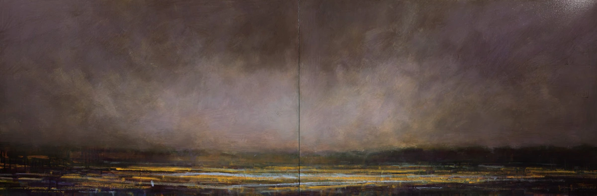 James Lahey, Red Sky in the Morning Over a Field (from my 900 SP), acrylic on canvas (diptych)