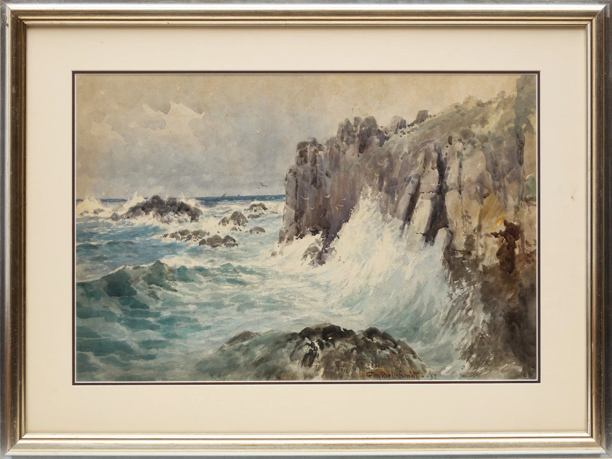 Frederic Marlett Bell-Smith, Waves Crashing at Cliffside, watercolour on paper, 1892 - view 2