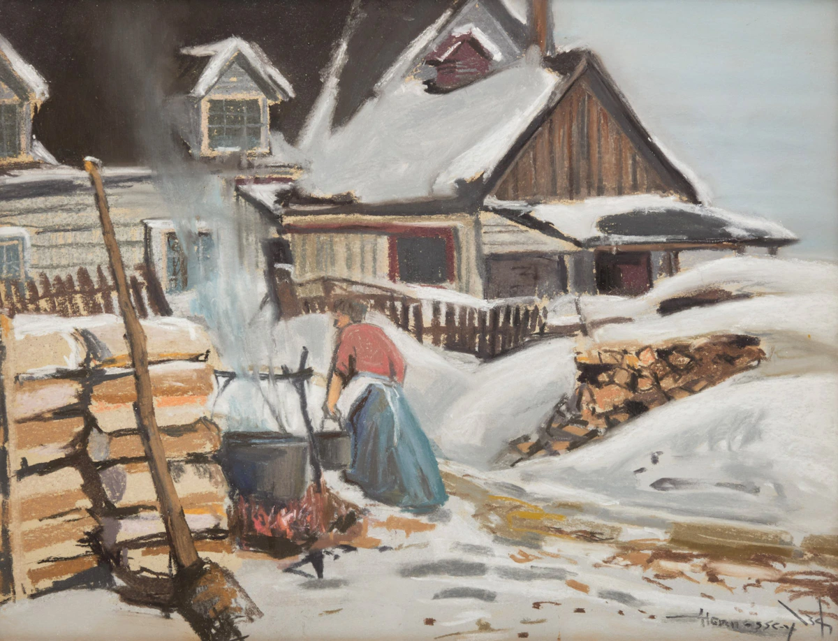 Frank Charles Hennessey, Quebec Farmhouse in Winter, pastel on paper