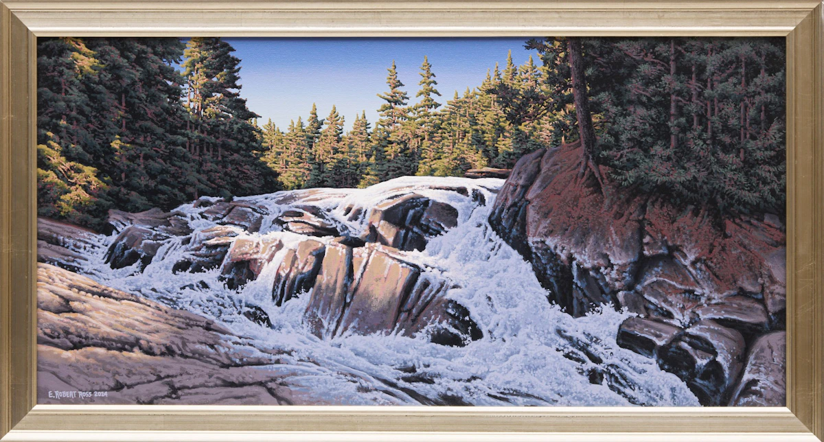 E. Robert Ross, Rapids on the Track and Tower Trail, North Madawaska River, Algonquin Park, acrylic on canvas, 2024 - view 2
