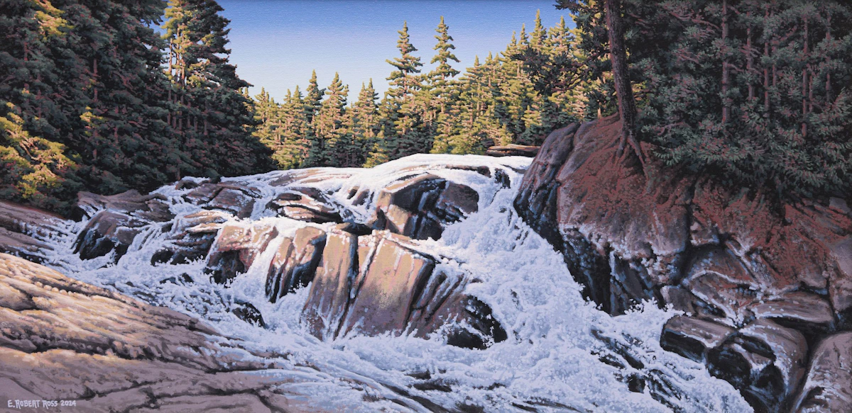 E. Robert Ross, Rapids on the Track and Tower Trail, North Madawaska River, Algonquin Park, acrylic on canvas
