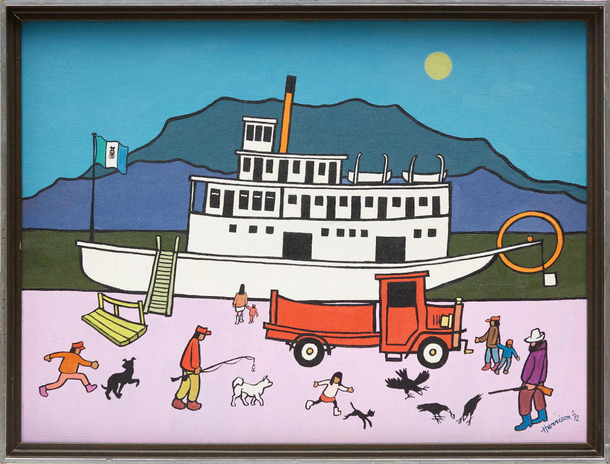 Ted Harrison, Dawson City-S.S. Keno, oil on canvas board, 1972 - view 2