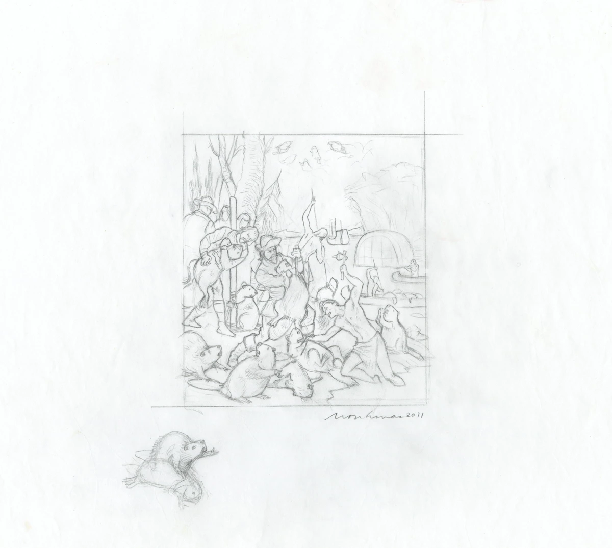Pencil Sketch for Les Castors Du Roi (Spear Down) by Kent Monkman