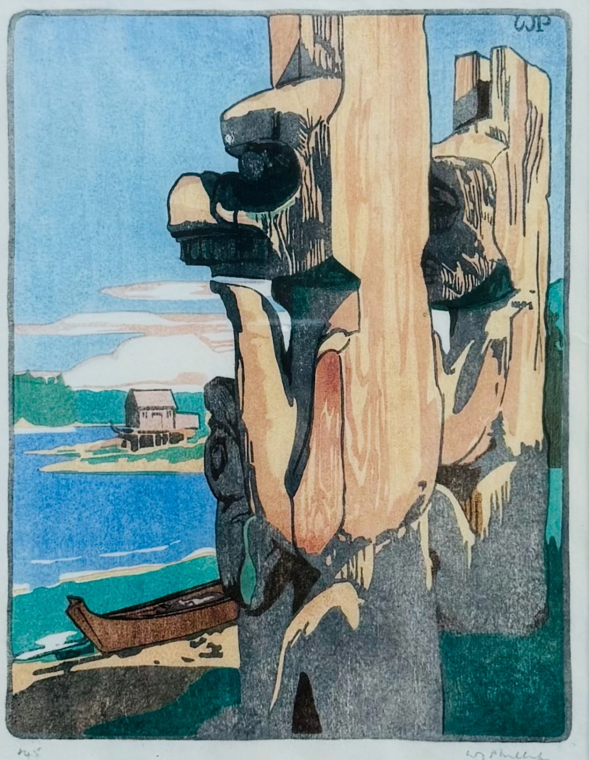 Walter Joseph Phillips, Siwash House Posts – Tsatsisnukomi, colour woodblock print