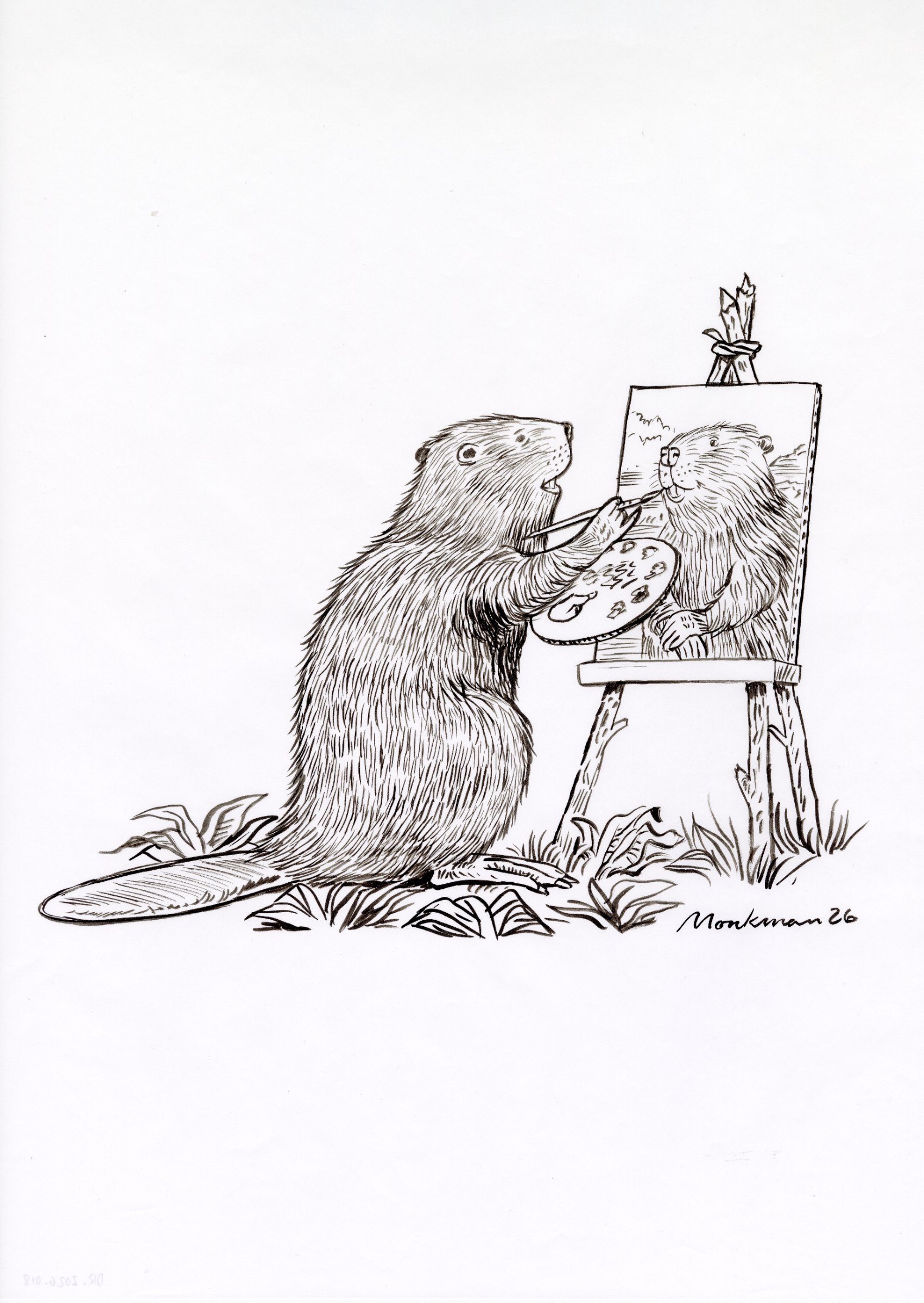 Ink Study for Beaver Baroque (Leonardo and Mona Lisa) by Kent Monkman