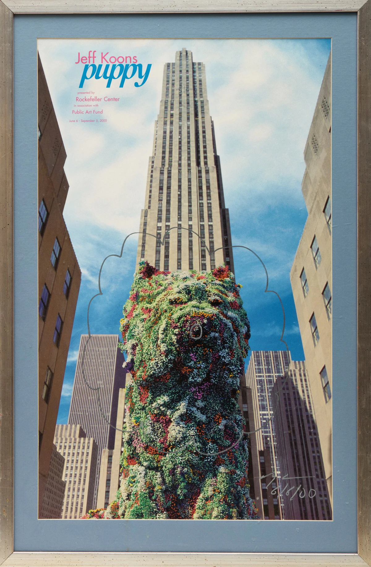 Jeff Koons, Puppy, Rockerfeller Center, colour off-set poster with hand-drawn flower and signature, 2000 - view 2