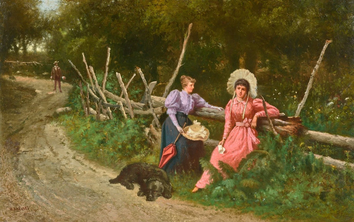Two Young Women and a Dog by William Raphael