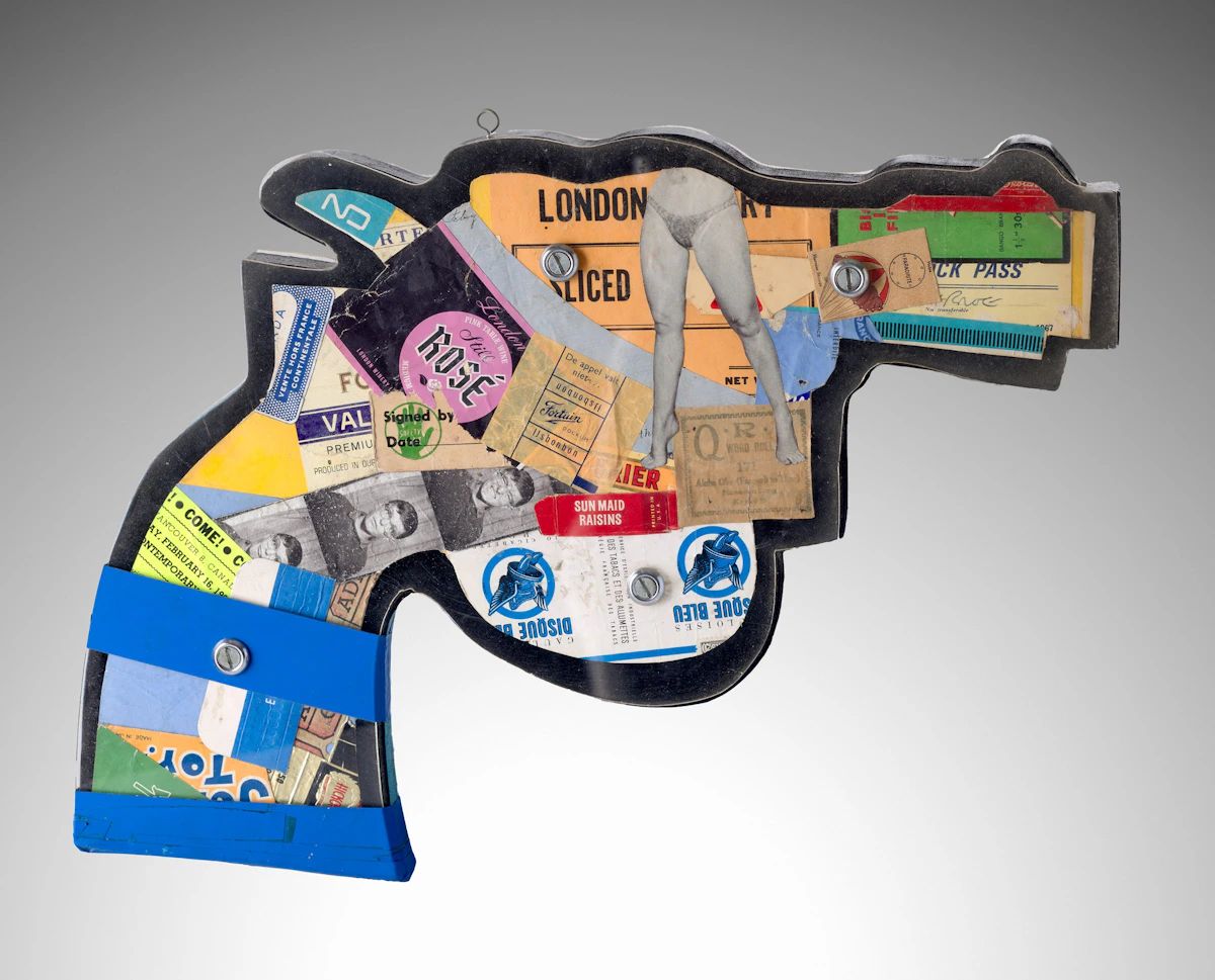 Gregory Richard Curnoe, Revolver, double-sided mixed media sculpture (collage, Plexiglass, screws, duct tape and painted wood), 1967 - view 2