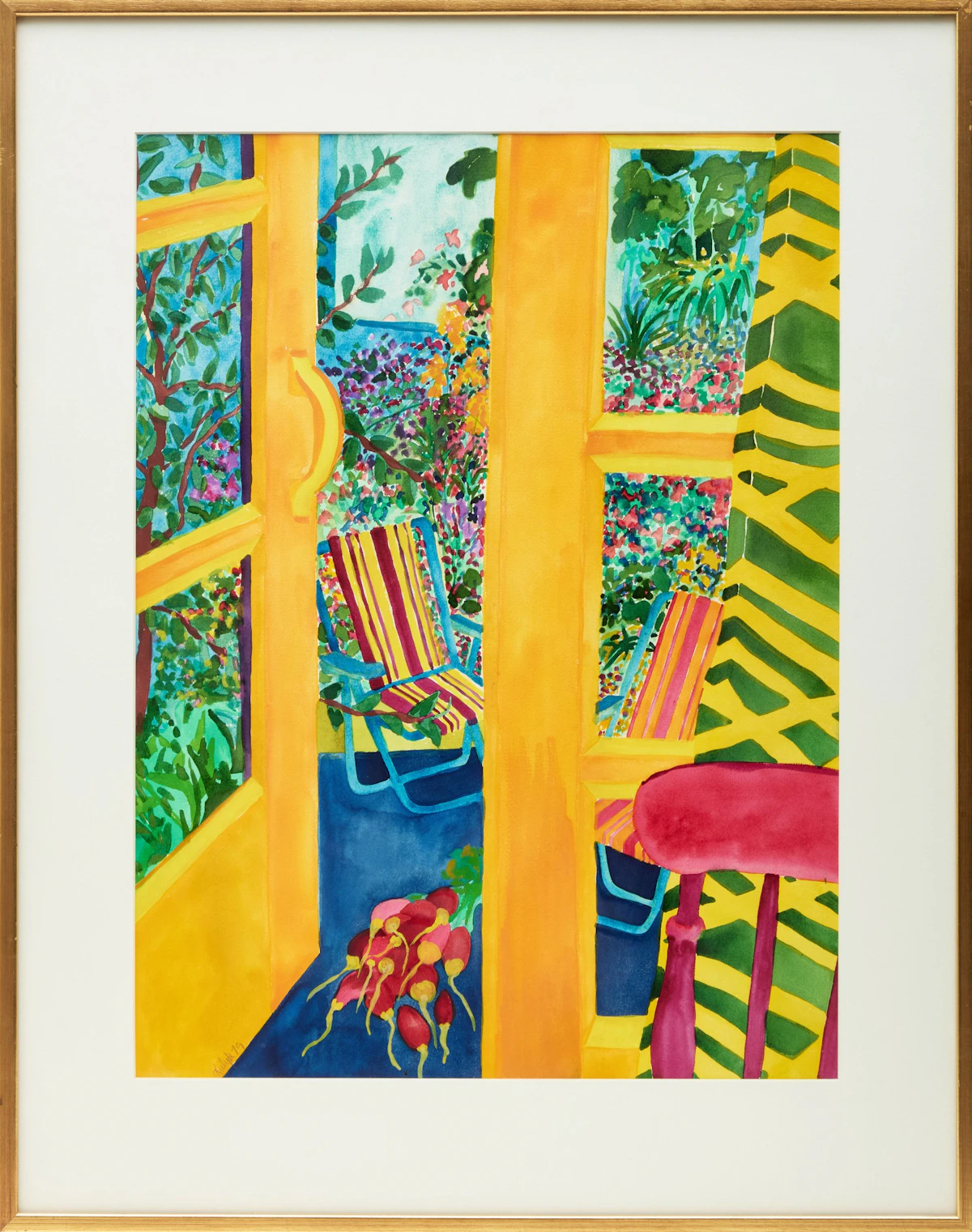 Karen Kulyk, Asparagus and Mushroom Workers-Nice; View of the Brighton Studio Garden with Garden Chairs and Radishes, two watercolours - view 5