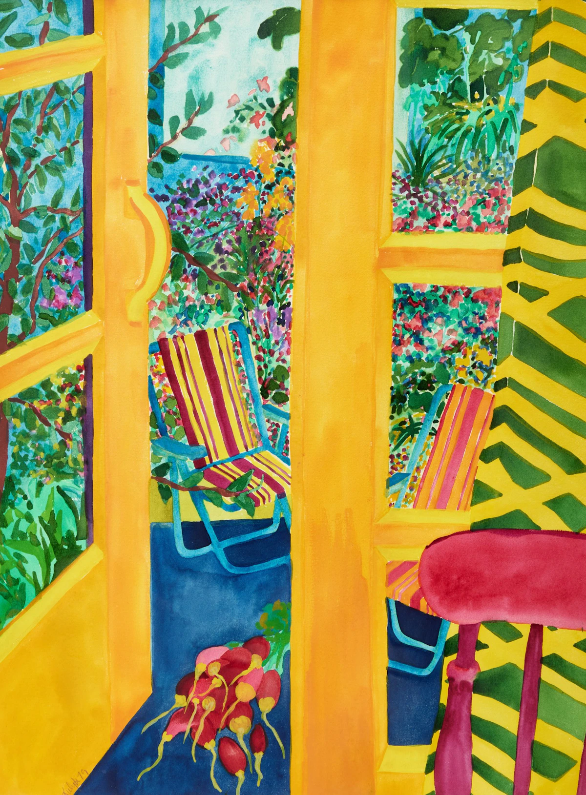 Karen Kulyk, Asparagus and Mushroom Workers-Nice; View of the Brighton Studio Garden with Garden Chairs and Radishes, two watercolours - view 4
