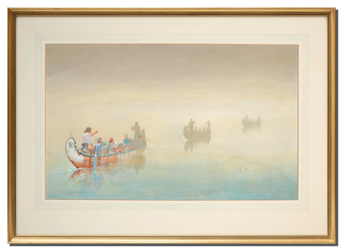 Frances Anne Hopkins, Canoes in a Fog, Lake Superior, watercolour on paper laid on board, 1864 - view 2