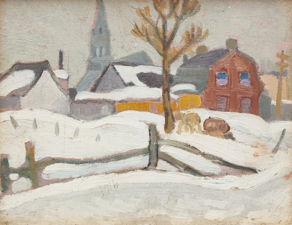 Attributed to Randolph Stanley Hewton, Winter Landscape with Figures; Horse and Sleigh in Winter, double-sided oil on board - view 3