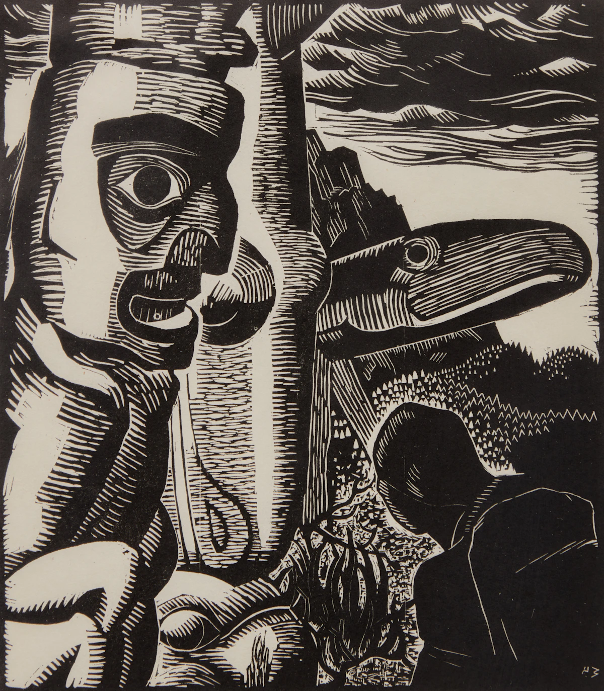 Edwin Headley Holgate, Totem Poles, no. 3, wood engraving