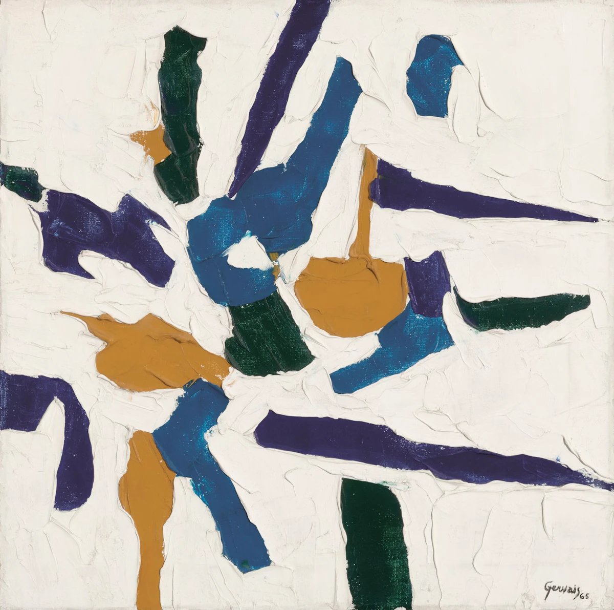 Lise Gervais, Abstraction en bleu, jaune et vert, 1965, oil on canvas