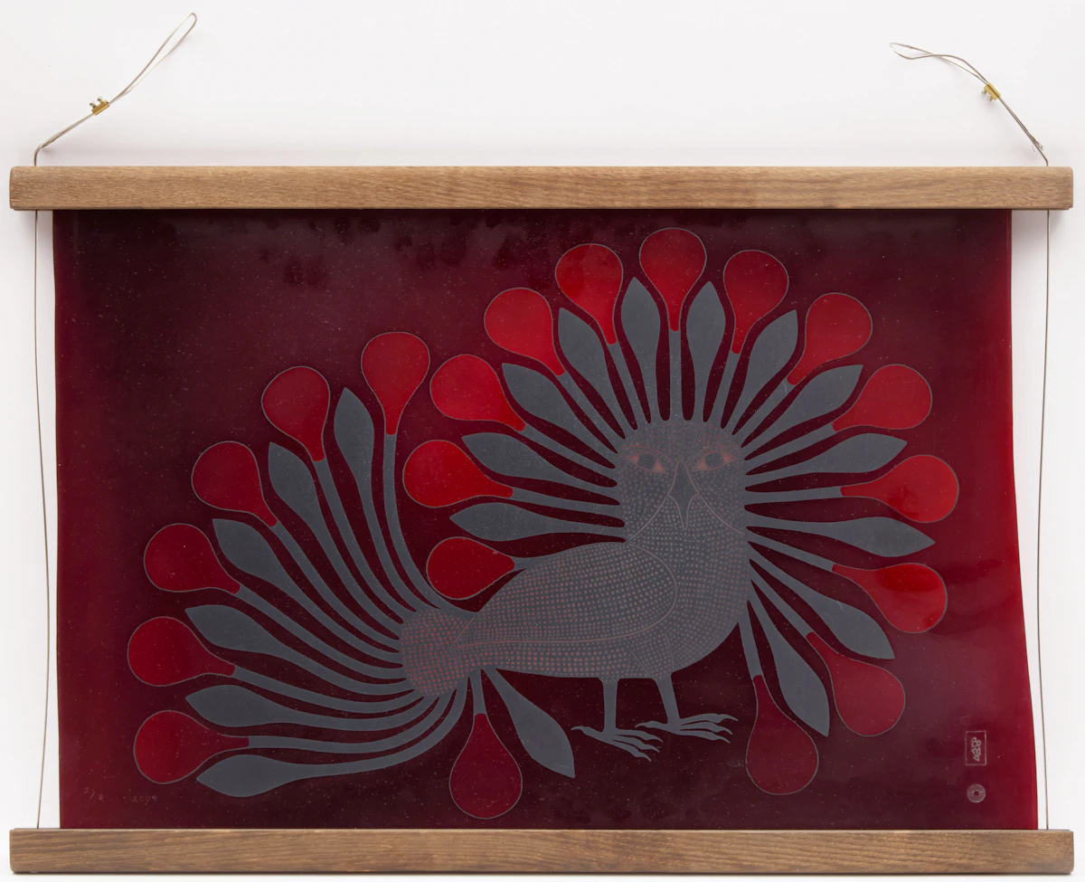 Kenojuak Ashevak, Sunburst Owl, serigraph on etched glass in oak frame, 2009 - view 3