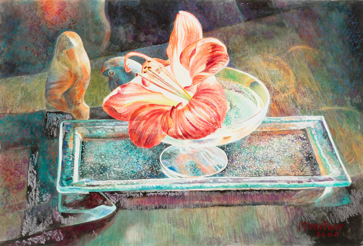 Amaryllis Flower with Two Stone Birds by Mary Pratt