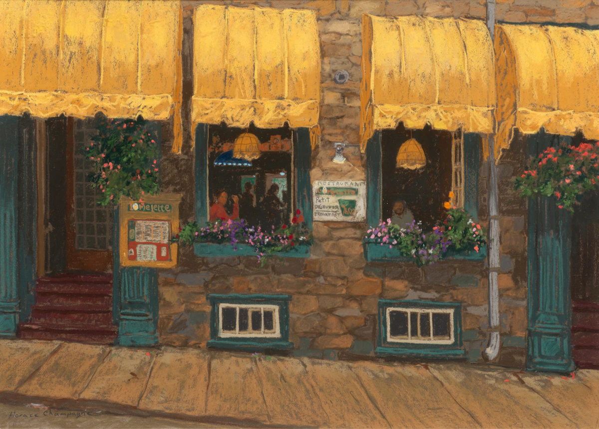 Horace Champagne, Breakfast on Rue St. Louis, Restaurant L'Omelette, Quebec City, pastel on paper